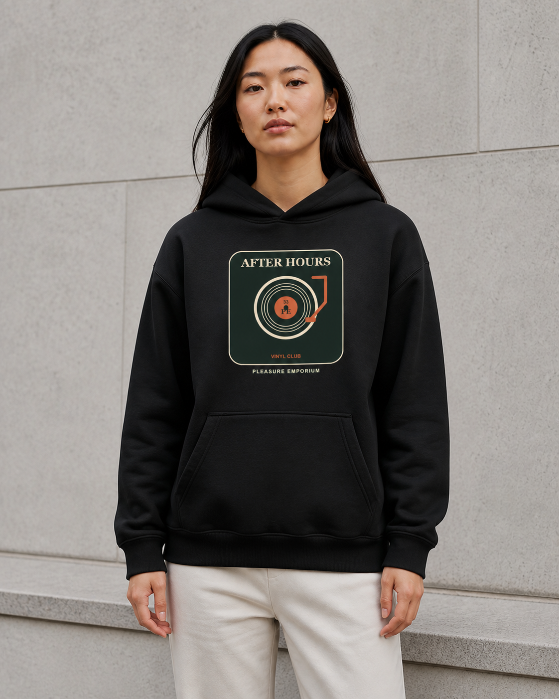 After Hours Vinyl Hoodie in Deep Black — model visualisation