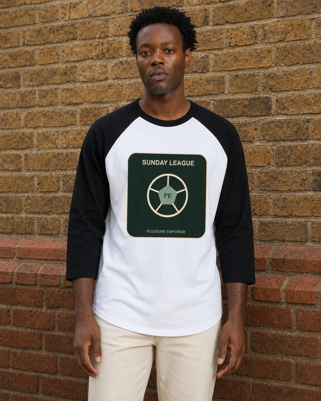 Sunday League Raglan Tee in White/Black — model visualisation