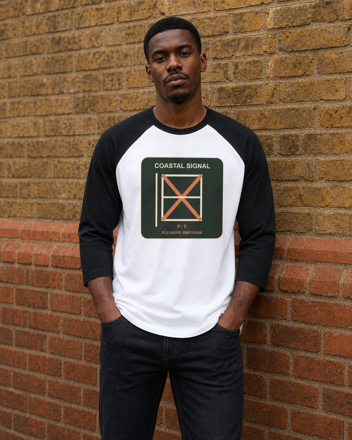 Coastal Signal Raglan Tee in White/Black — model visualisation