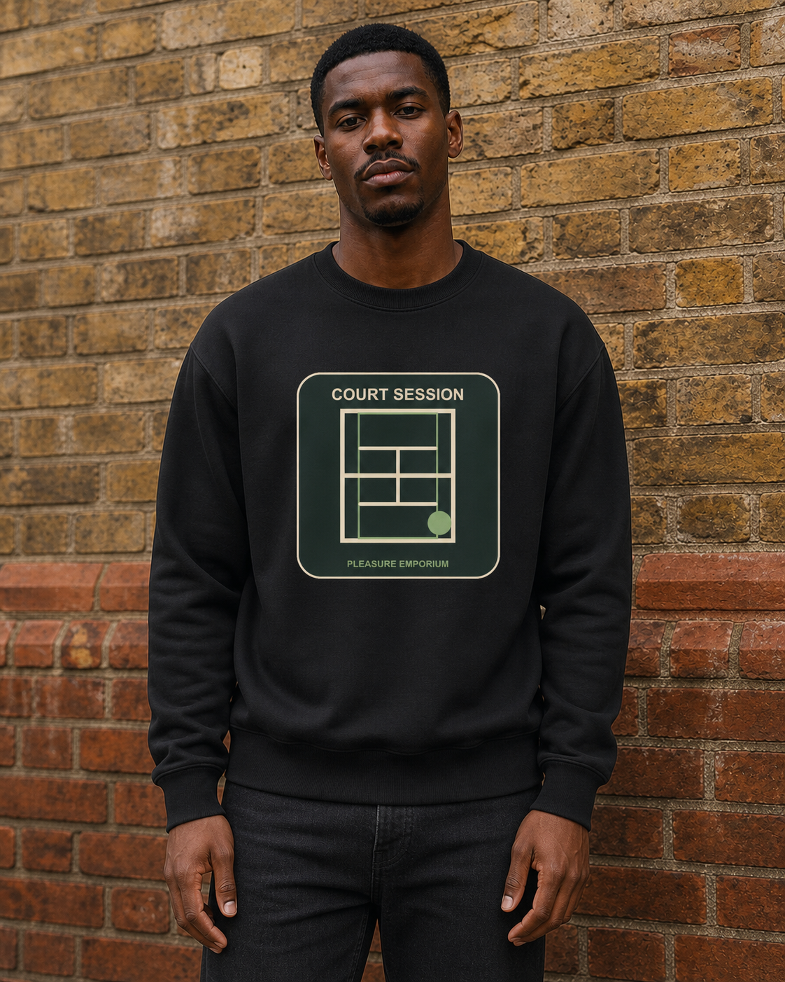 Court Session Heavyweight Sweatshirt in Deep Black — model visualisation
