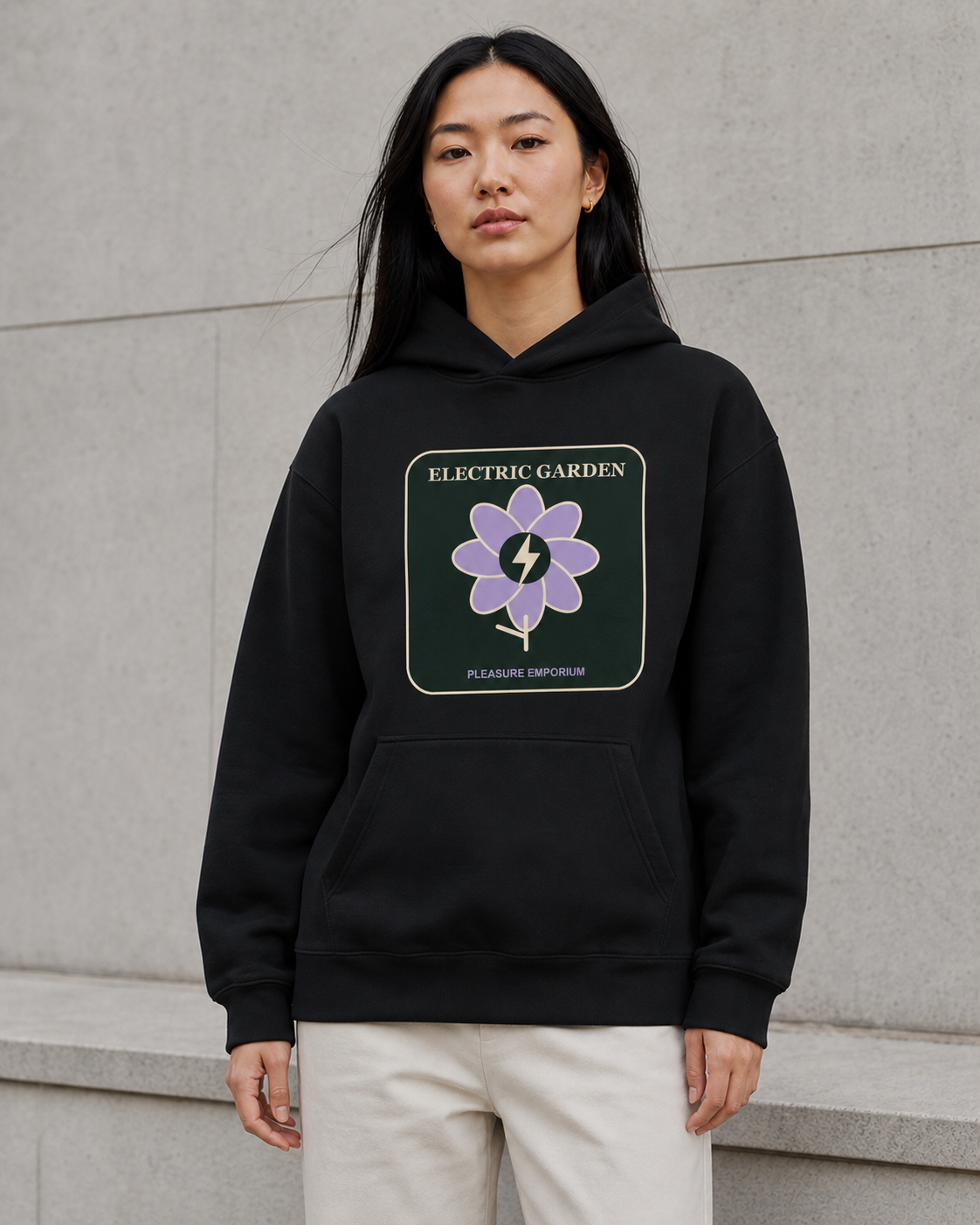 Electric Garden Hoodie in Deep Black — model visualisation