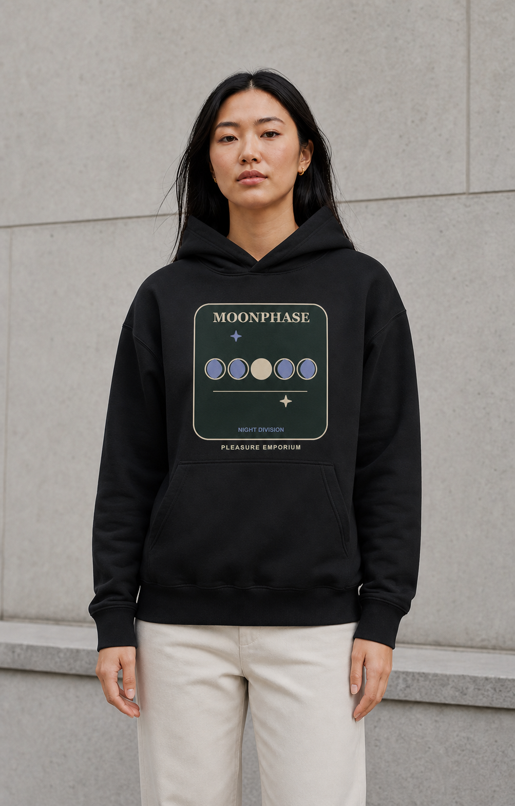 Moonphase Hoodie in Deep Black — model visualisation