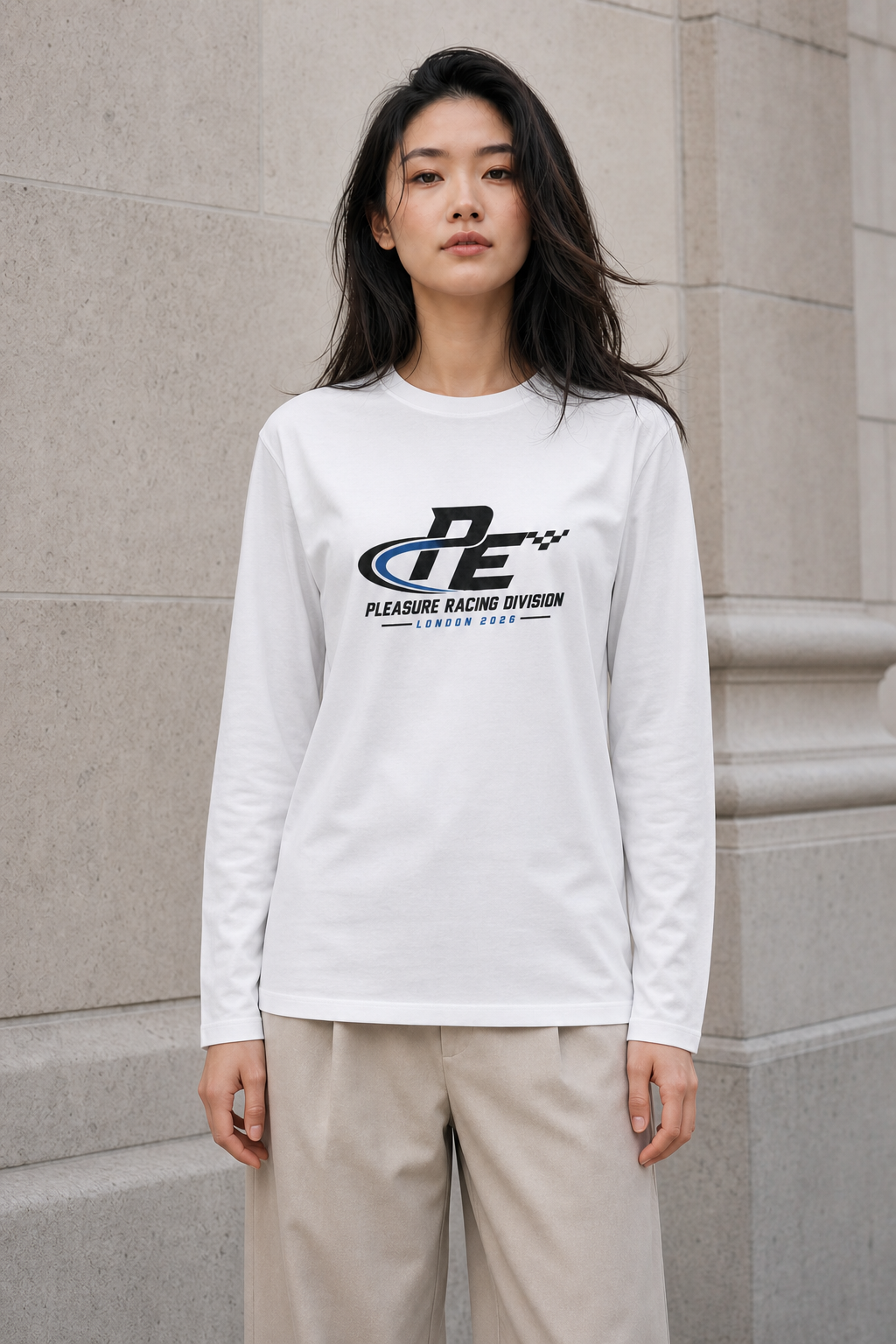 Racing Division Organic Long Sleeve Tee in White — model visualisation