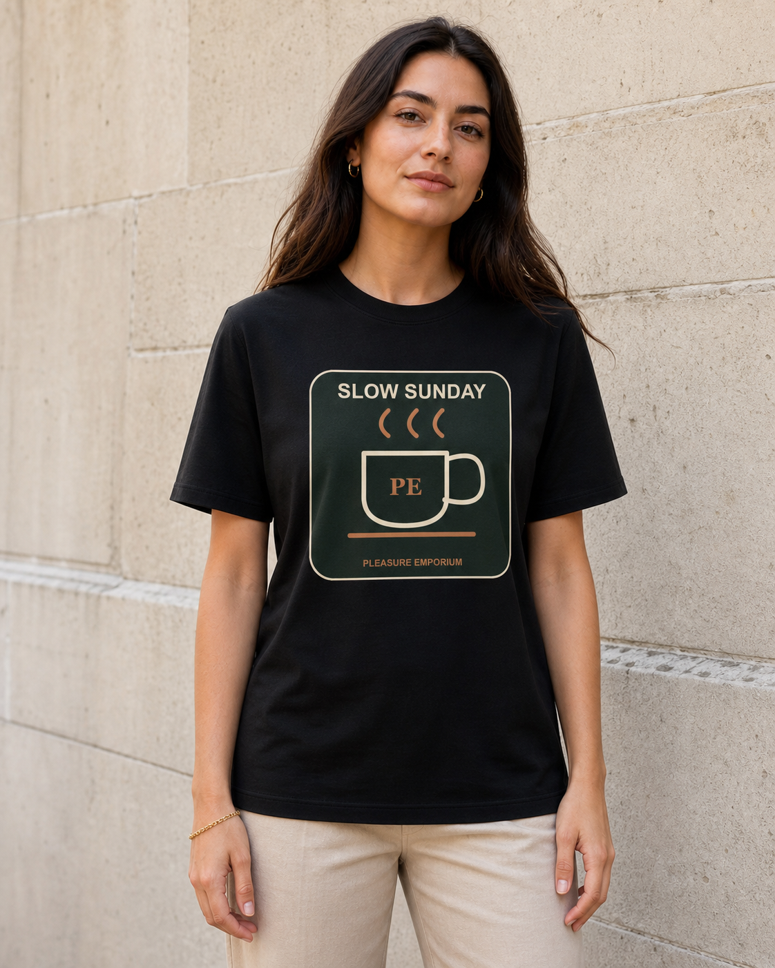 Slow Sunday Organic T-Shirt in Black — model visualisation
