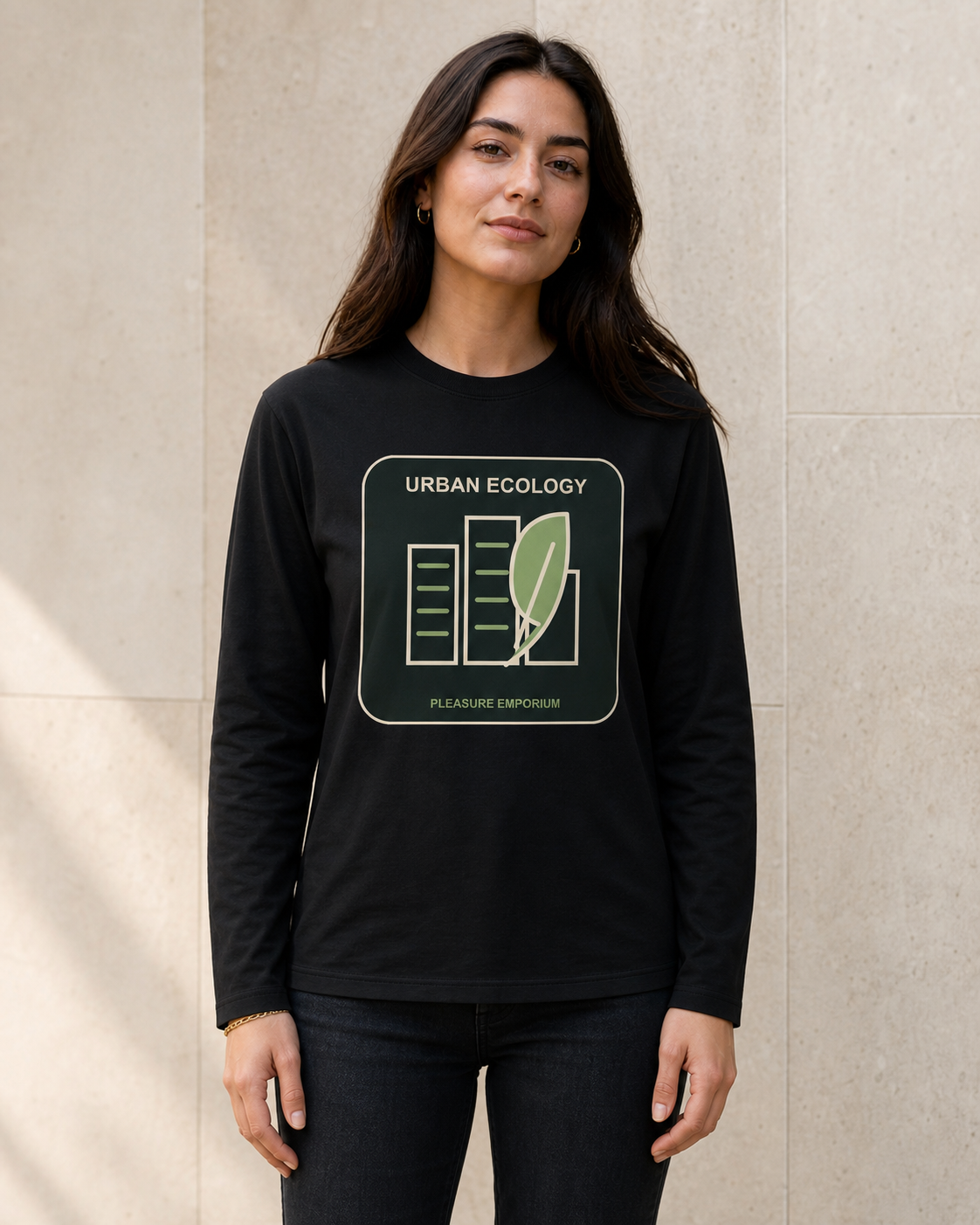 Urban Ecology Organic Long Sleeve Tee in Black — model visualisation