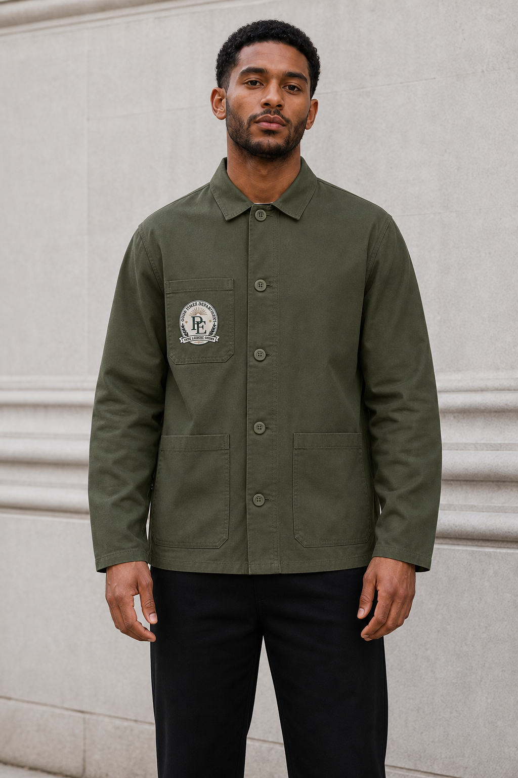 Department Utility Chore Jacket in Stay Olive — model visualisation