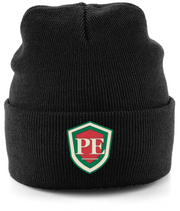 PE Shield Cuffed Beanie in Black — supplier embroidery mockup