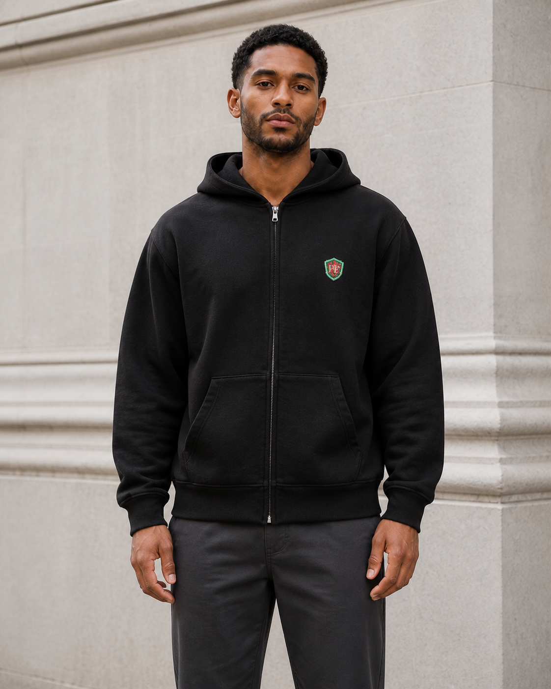 PE Shield Heavyweight Zip Hoodie in Deep Black — model visualisation
