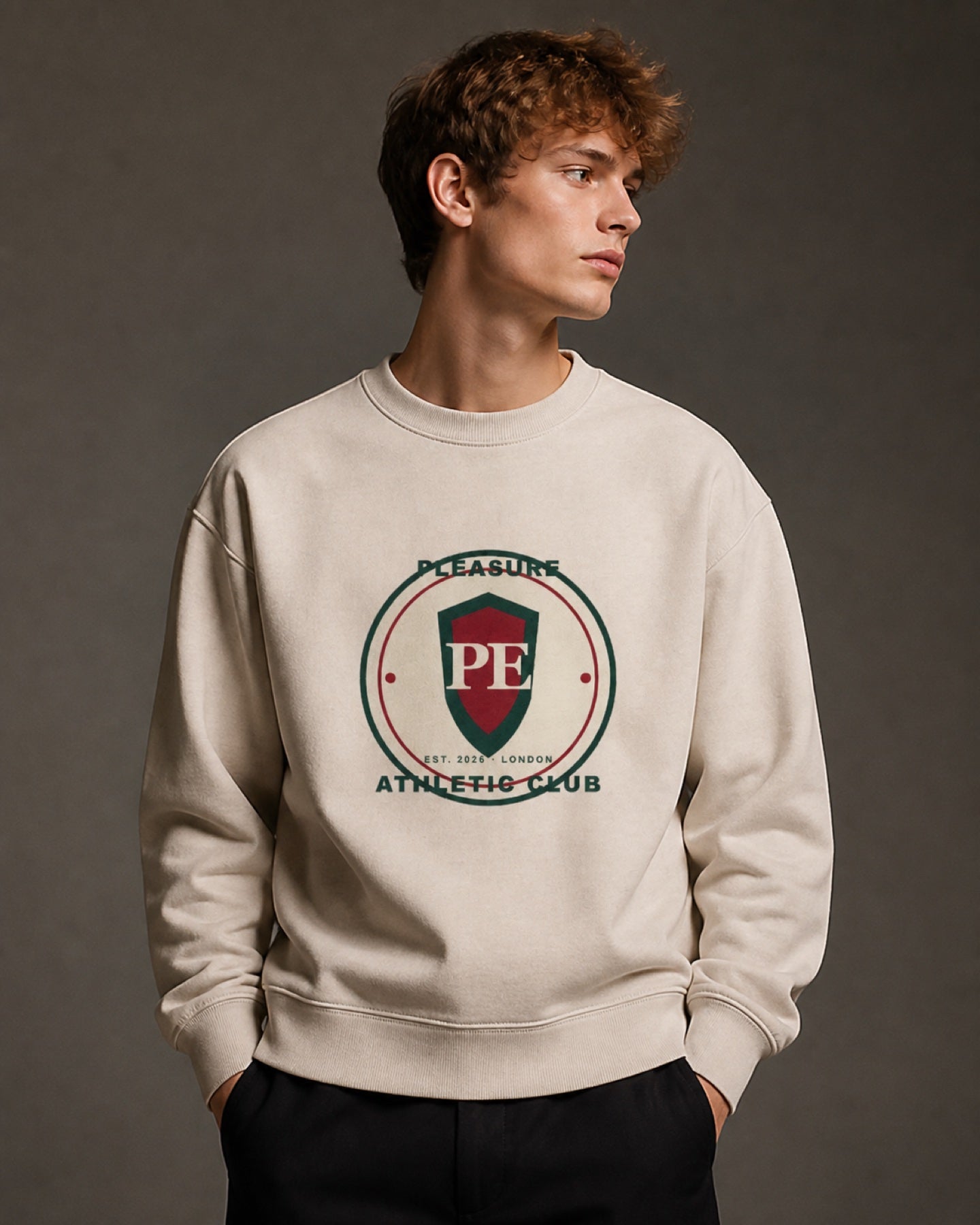 PE Collegiate Sweatshirt worn by a model